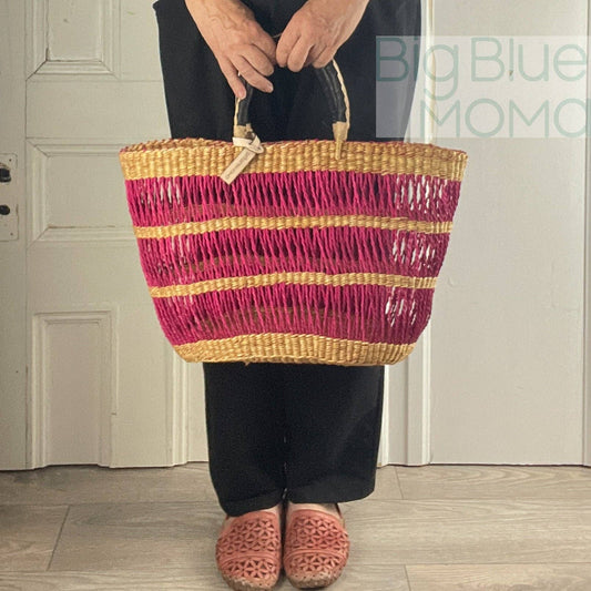 Big Blue Moma Bolga Basket - Special Net - Medium: Natural & Bright Pink
