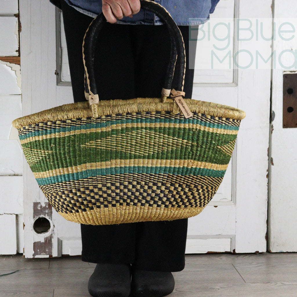 Big Blue Moma Bolga Basket - Bolga Basket - Large Special Shopper - Traditional Palette
