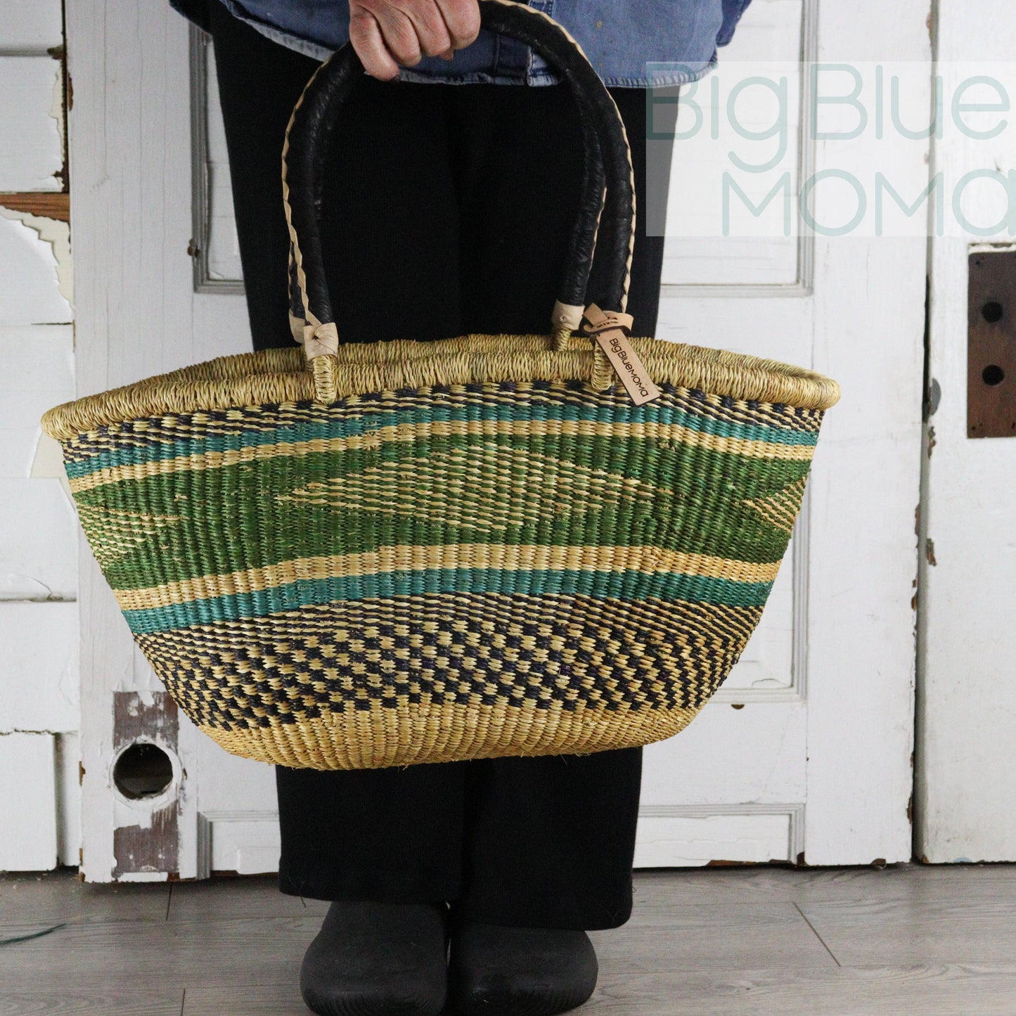Big Blue Moma Bolga Basket - Bolga Basket - Large Special Shopper - Traditional Palette