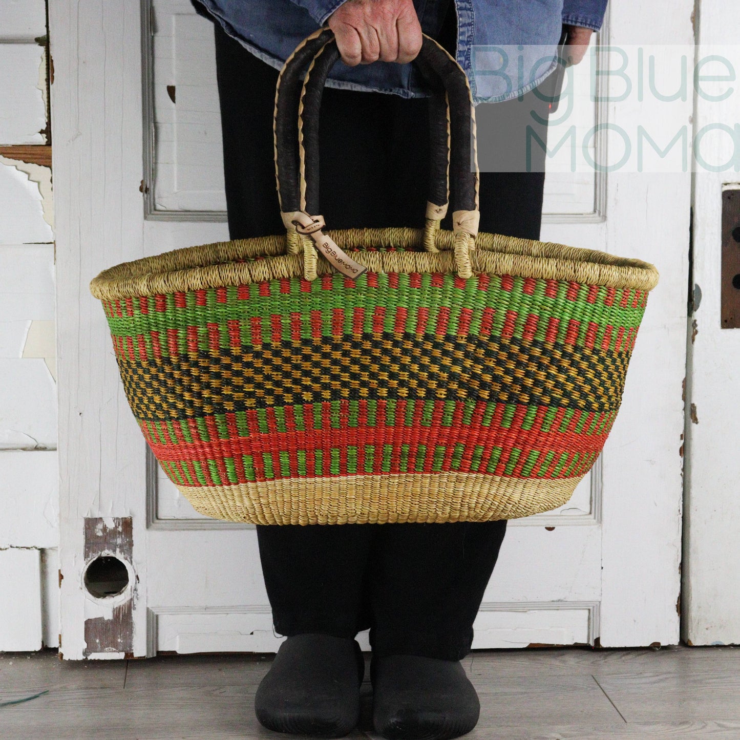 Big Blue Moma Bolga Basket - Bolga Basket - Large Special Shopper - Traditional Palette