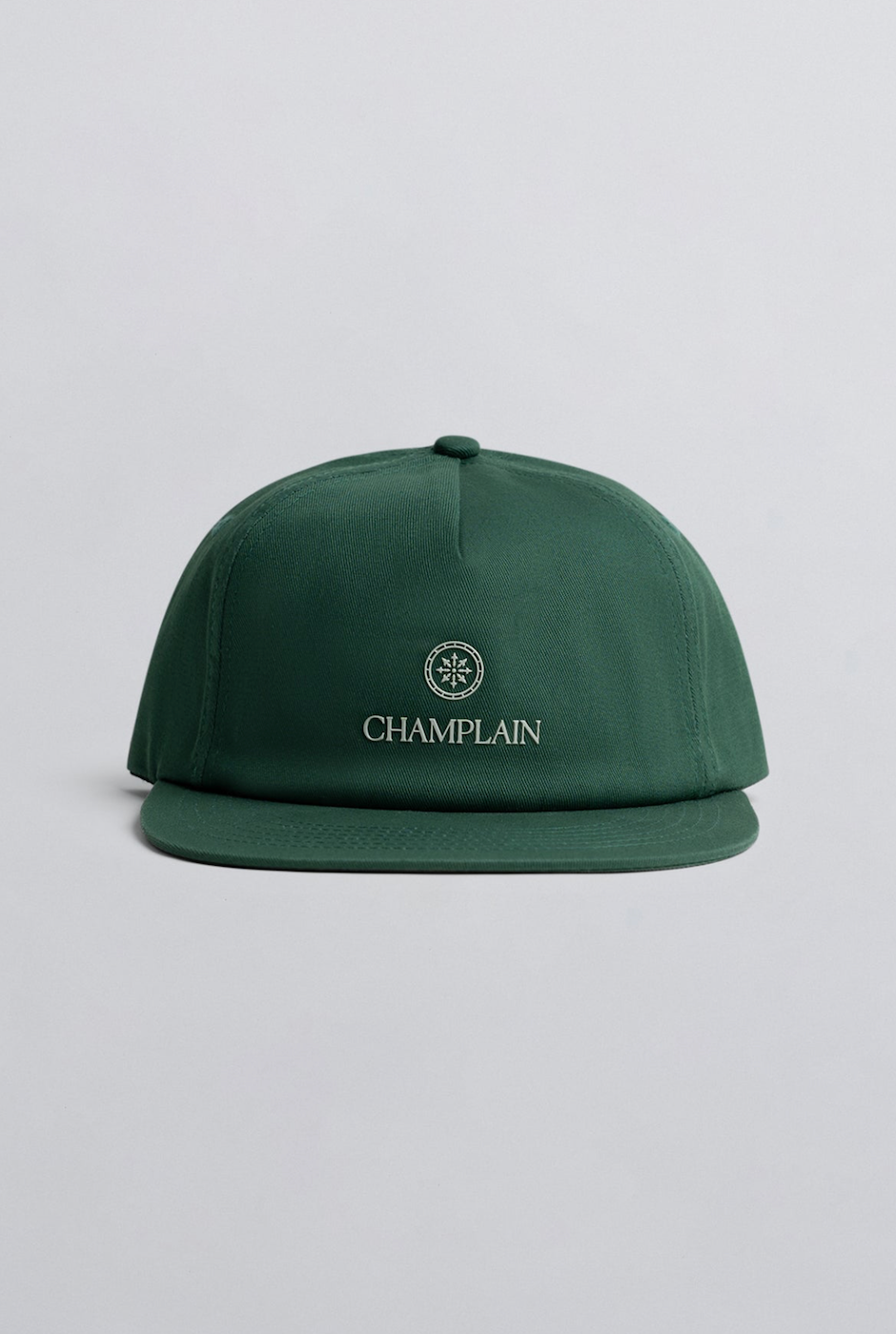 Champlain Green on Green Hat featuring 5-panel design with logo embroidery and adjustable snapback closure.