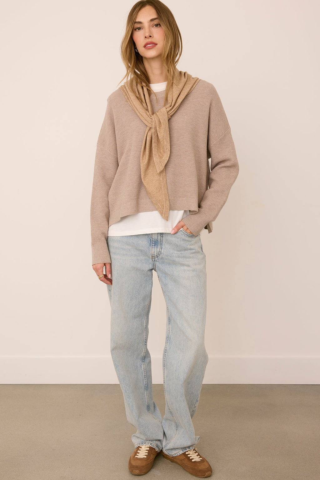 Gentle Fawn Everly Scarf in Heather Latte styled with a sweater and jeans