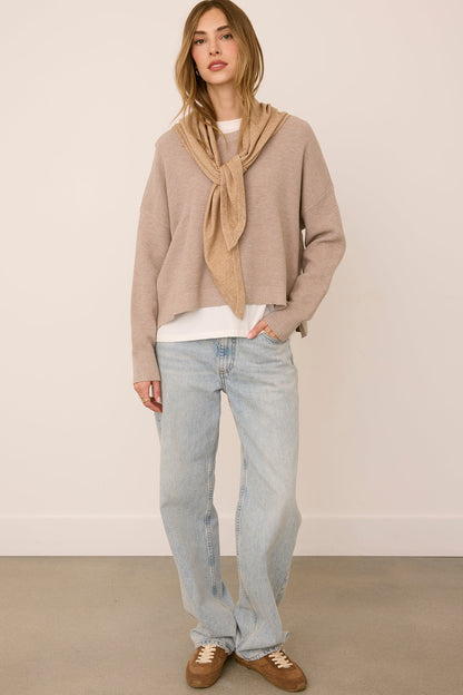 Gentle Fawn Everly Scarf in Heather Latte styled with a sweater and jeans