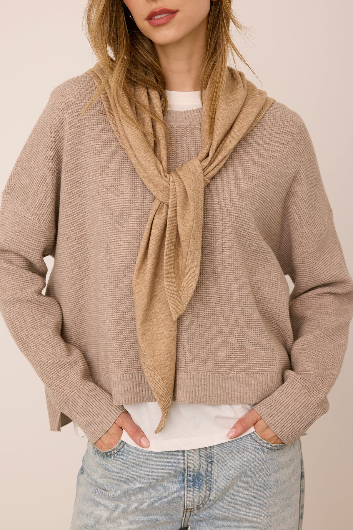 Gentle Fawn Everly Scarf in Heather Latte showing the front knot
