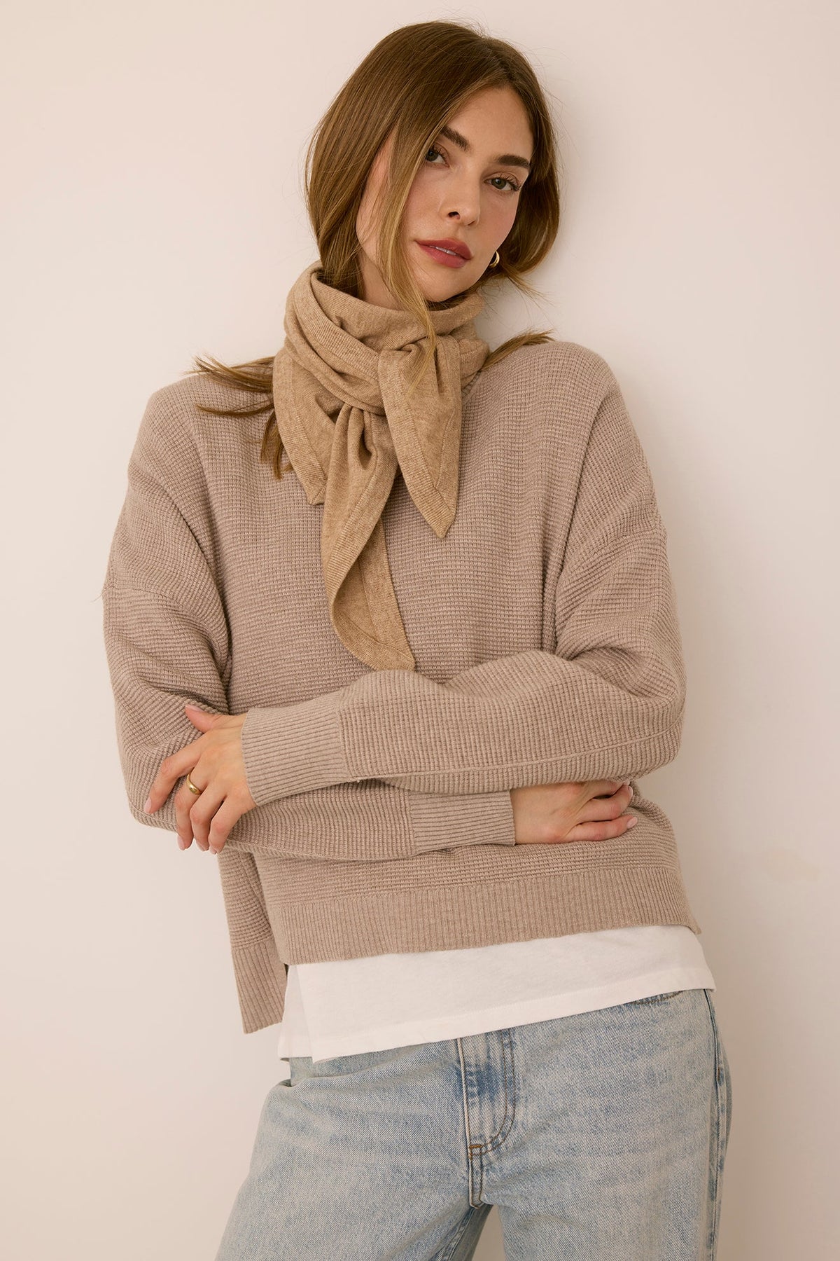 Gentle Fawn Everly Scarf in Heather Latte tied around the neck