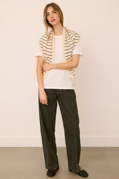 Gentle Fawn Everly Scarf in Navy Stripe styled with a white top and black pants