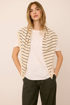Gentle Fawn Everly Scarf in Navy Stripe worn draped over the shoulders