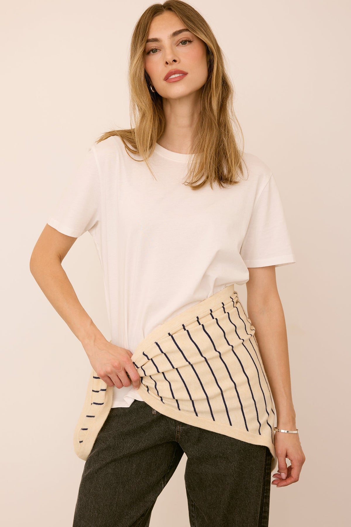 Gentle Fawn Everly Scarf in Navy Stripe tied around the waist