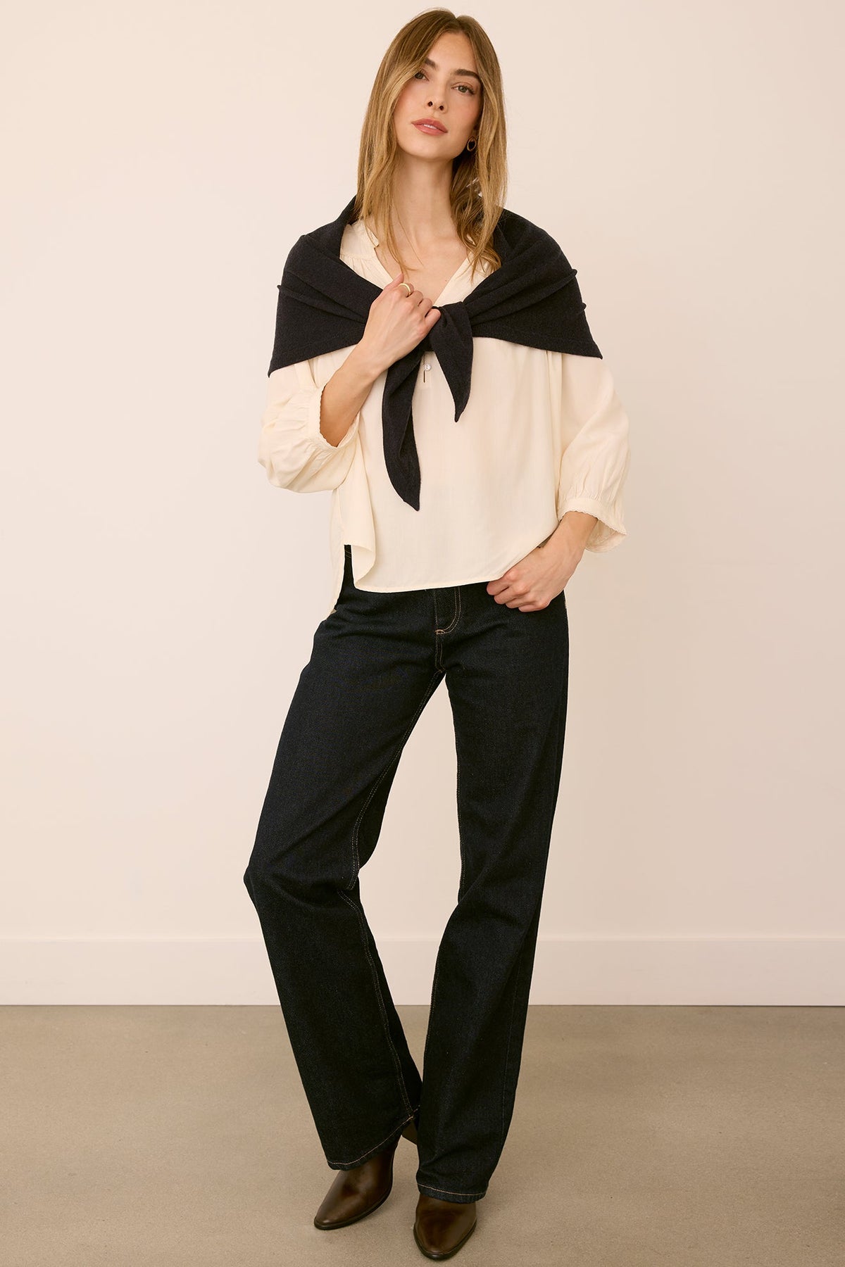Gentle Fawn Everly Scarf in Navy tied over a white blouse
