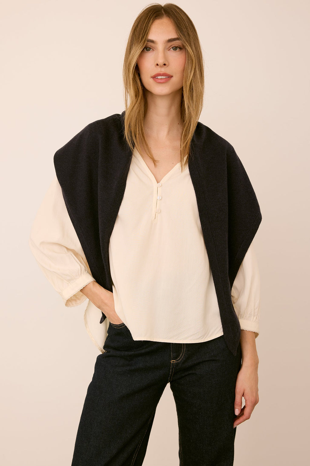Gentle Fawn Everly Scarf in Navy draped over the shoulders