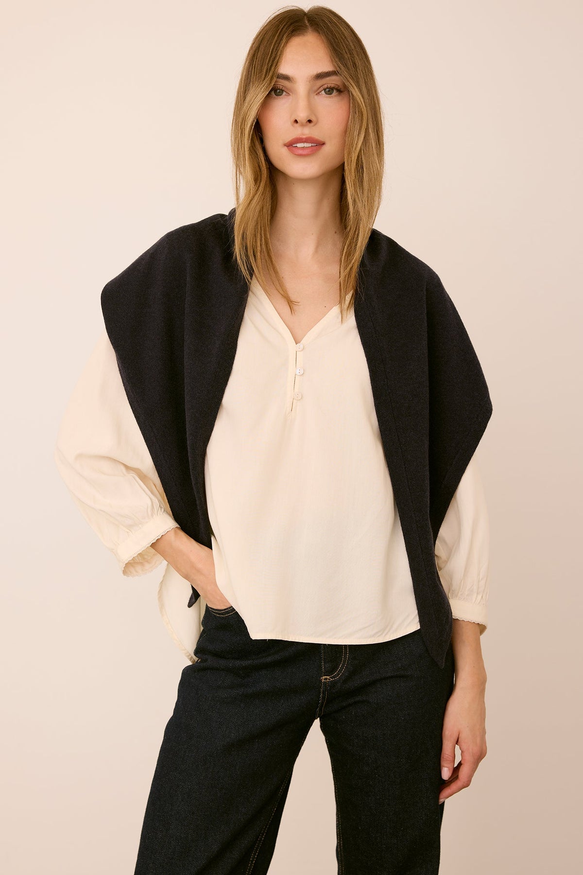 Gentle Fawn Everly Scarf in Navy draped over the shoulders