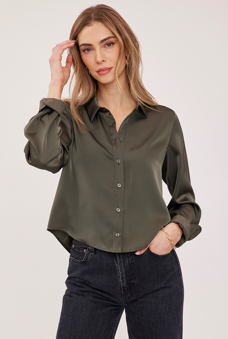 Gentle Fawn Leighton women's satin button-down shirt in Olive