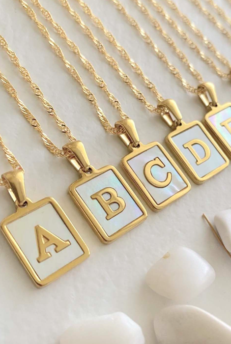 PIKA & BEAR CARRIE MOTHER OF PEARL ALPHABET CHARM NECKLACE GOLD