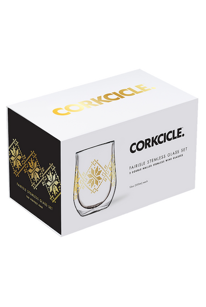 Corkcicle Glass Stemless 12 Oz Gold Fairisle