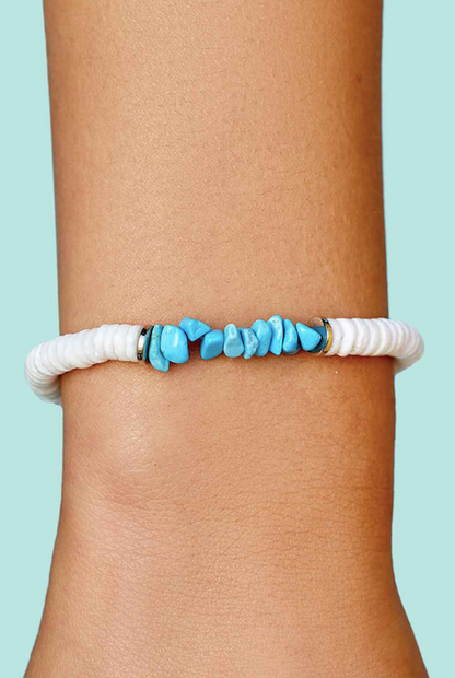 Pura Vida Puka Shell Turquoise Chip Stretch Bracelet White O/S