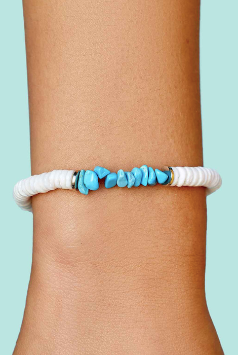 Pura Vida Puka Shell Turquoise Chip Stretch Bracelet White O/S