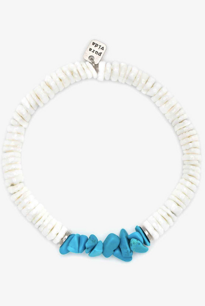 Pura Vida Puka Shell Turquoise Chip Stretch Bracelet White O/S