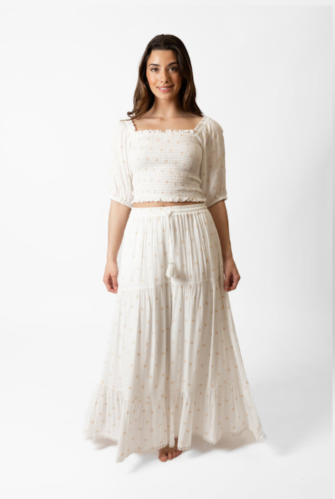 KOY RESORT MIAMI SHINE TIERED LONG SKIRT - WHITE/GOLD