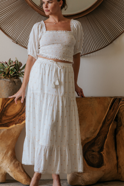 KOY RESORT MIAMI SHINE TIERED LONG SKIRT - WHITE/GOLD