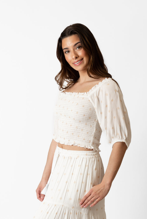 KOY RESORT MIAMI SHINE SMOCKED CROP TOP - WHITE/GOLD