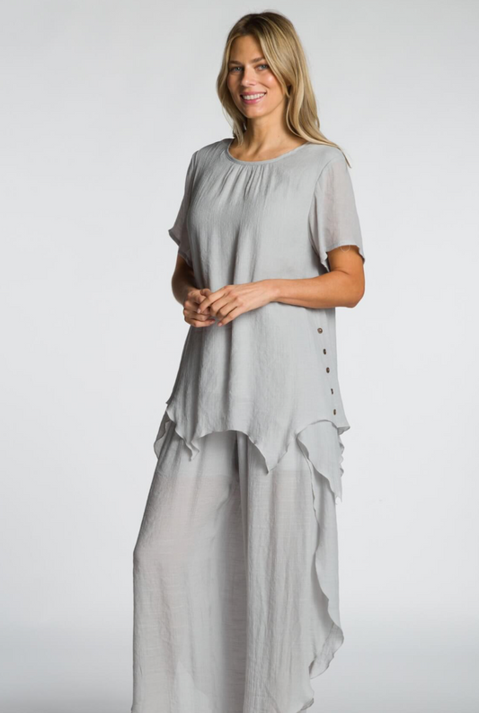 DKR & Co Short Sleeve Round Neck Layered Top w/Button Detail