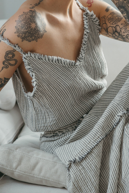 Pokoloko Striped Crinkle Cotton Strappy Top