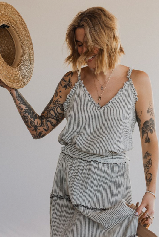 Pokoloko Striped Crinkle Cotton Strappy Top