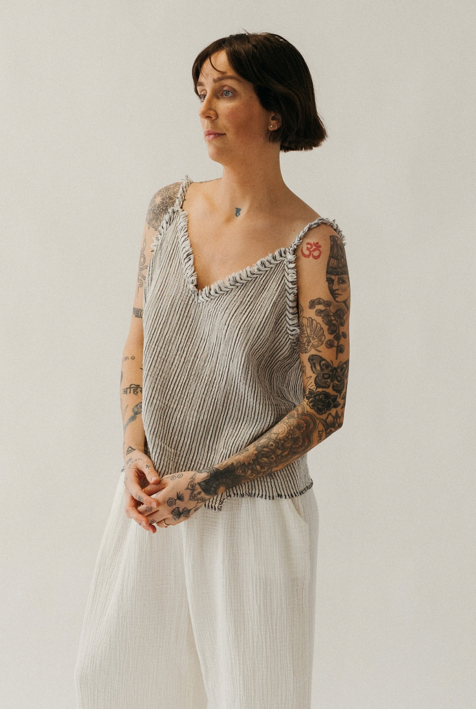 Pokoloko Striped Crinkle Cotton Strappy Top