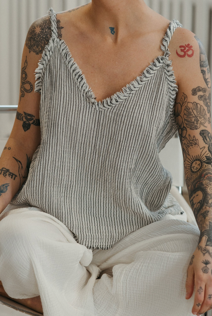 Pokoloko Striped Crinkle Cotton Strappy Top