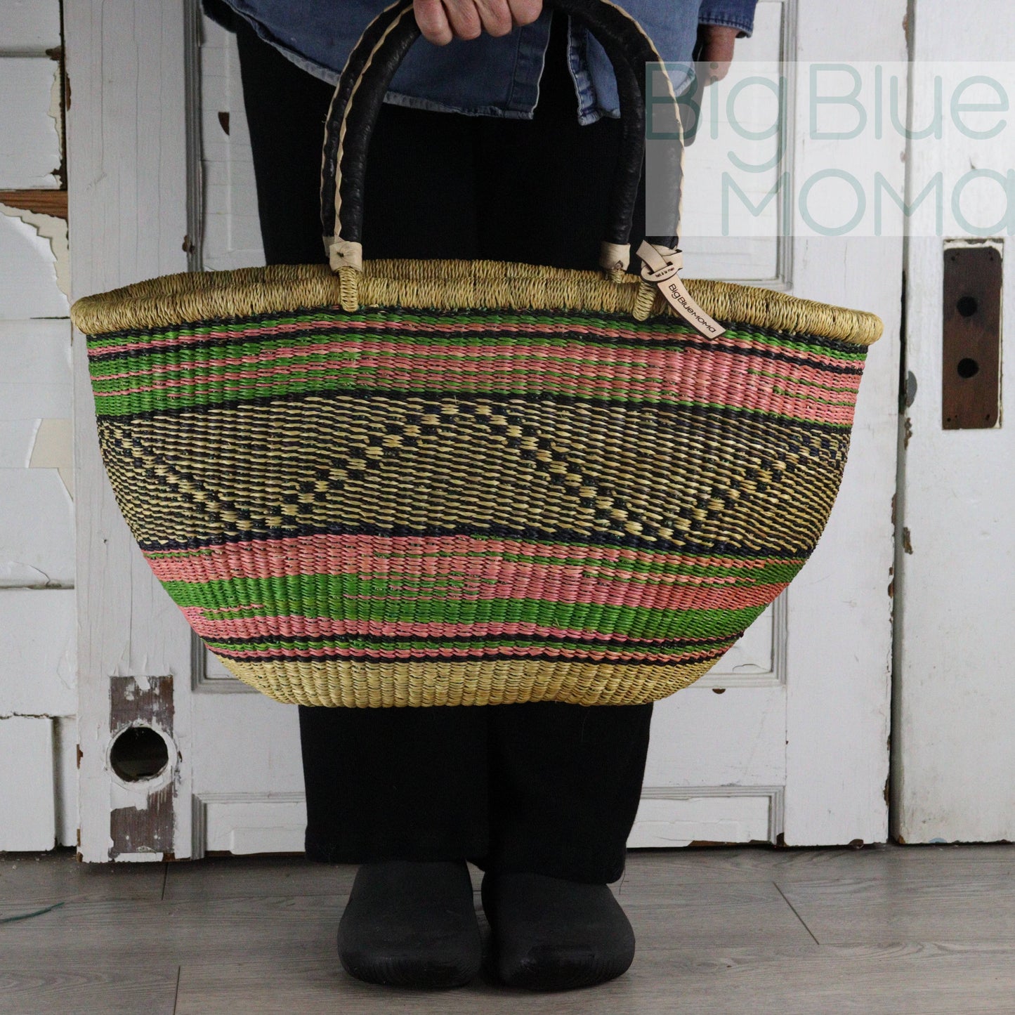 Big Blue Moma Bolga Basket - Bolga Basket - Large Special Shopper - Traditional Palette