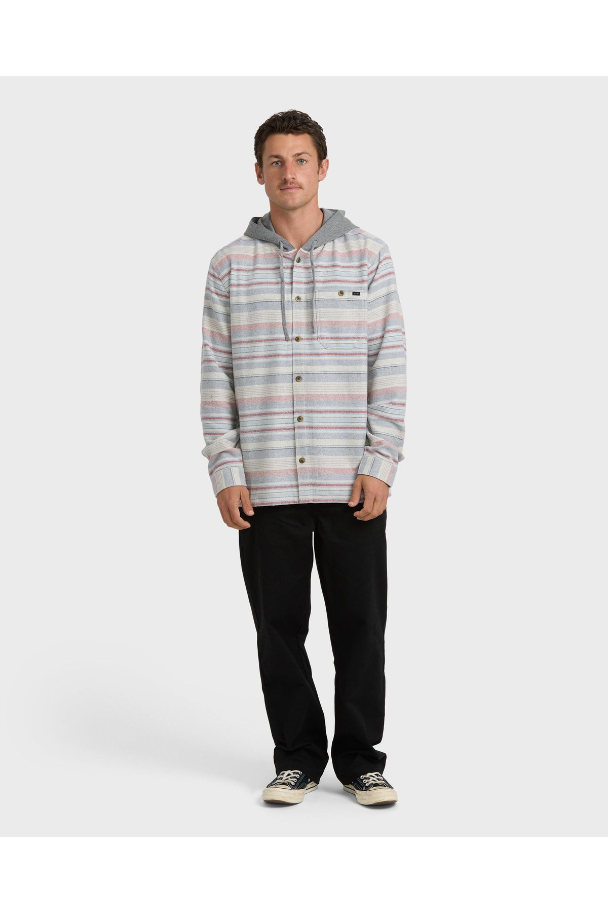 Billabong Baja Hooded Flannel Shirt in Off White, full-length model view
