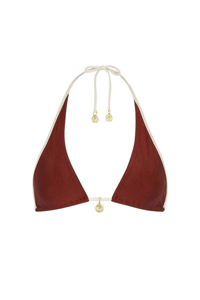 Kulani Kinis Bind Tie Halter Bikini Top in Cinnamon Sugar, garment detail