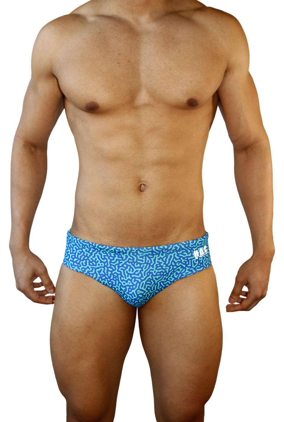 Front view of HAC Swim Basic Swim Brief in Blue Tahquitz Canyon color