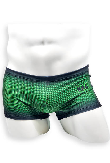Front view of HAC Swim Box Cut Swim Trunk in Green Ballistic with elastic waistband and drawcord