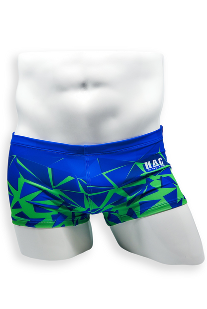 Front view of HAC Swim Box Cut Swim Trunk in Shatter print with drawstring waist