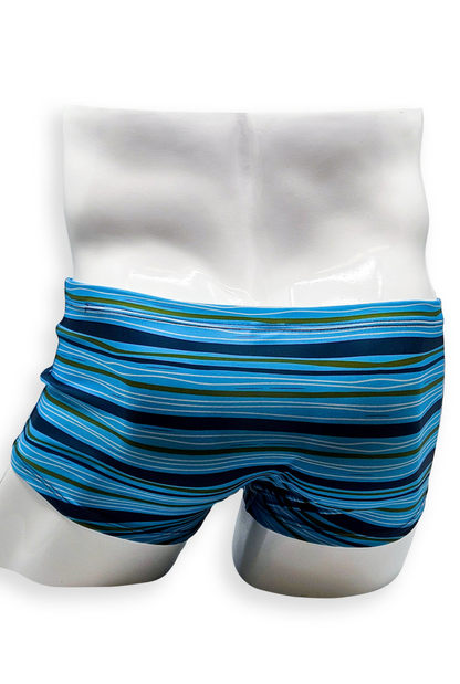 Back view of HAC Swim Box Cut Swim Trunk featuring coastal-inspired Tidal Stripe pattern