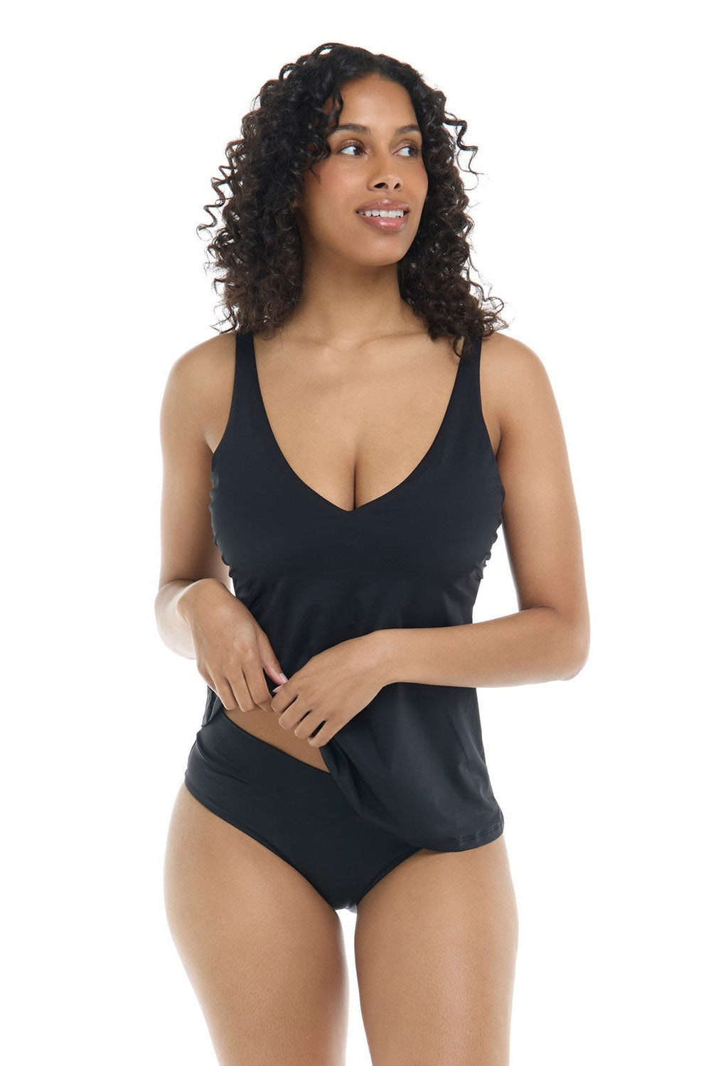 Skye Solids Bridget D/DD Cup Tankini Top in black on a model, front view