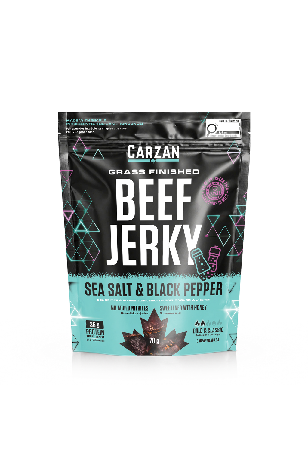 Front of Carzan Sea Salt & Black Pepper 70g beef jerky bag
