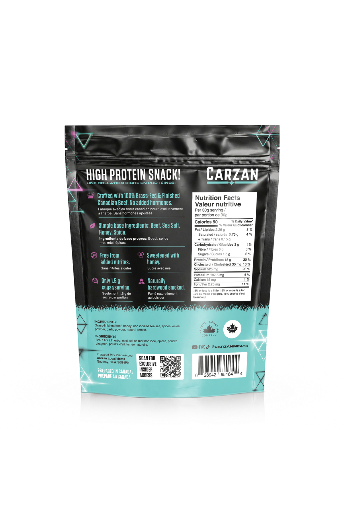Back of Carzan Sea Salt & Black Pepper 70g beef jerky bag showing nutrition facts