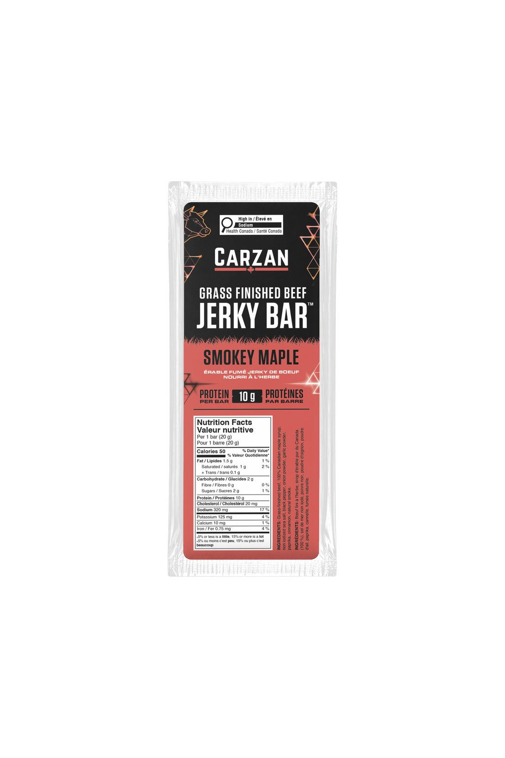 Front of Carzan Smokey Maple 20g beef jerky bar