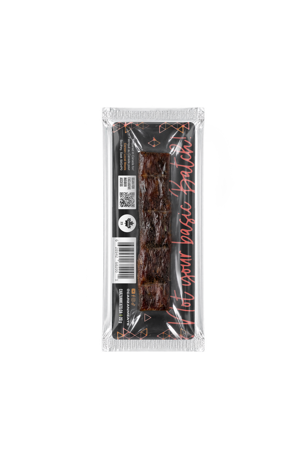 Back of Carzan Smokey Maple 20g beef jerky bar showing nutrition facts