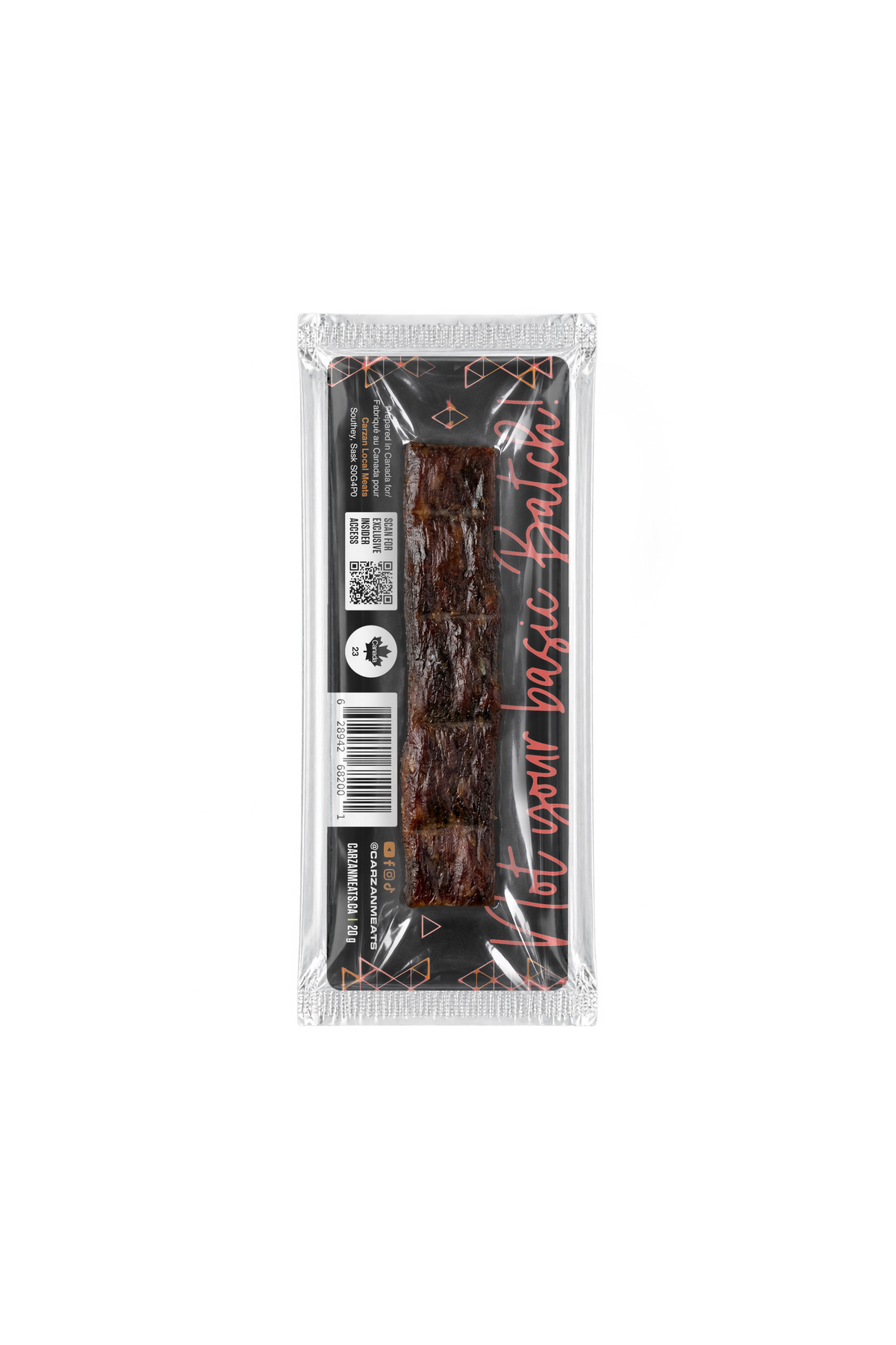 Back of Carzan Smokey Maple 20g beef jerky bar showing nutrition facts