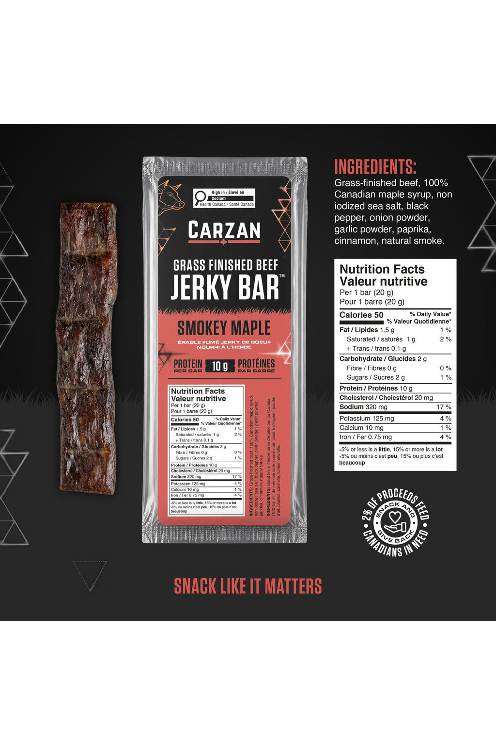 Carzan Smokey Maple Beef Jerky Bar nutrition facts and ingredients label