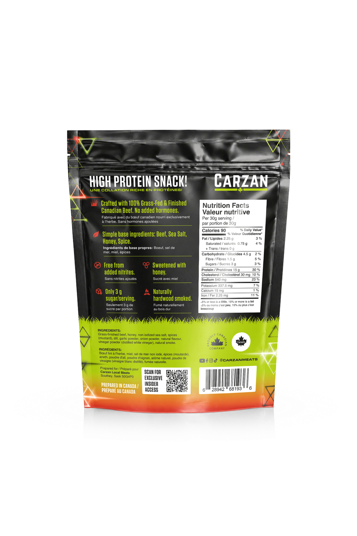 Back of Carzan Spicy Dill Pickle 70g beef jerky bag showing nutrition facts