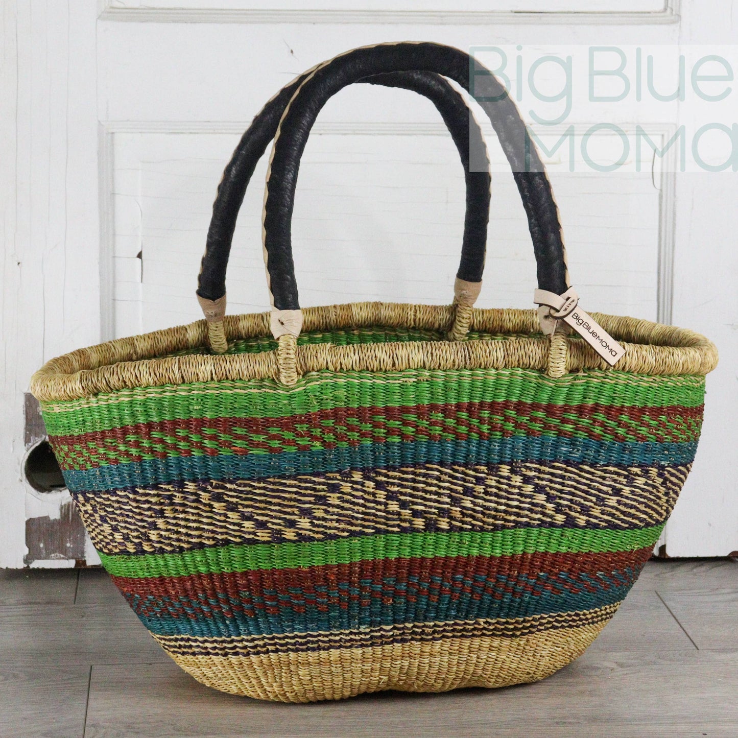 Big Blue Moma Bolga Basket - Bolga Basket - Large Special Shopper - Traditional Palette