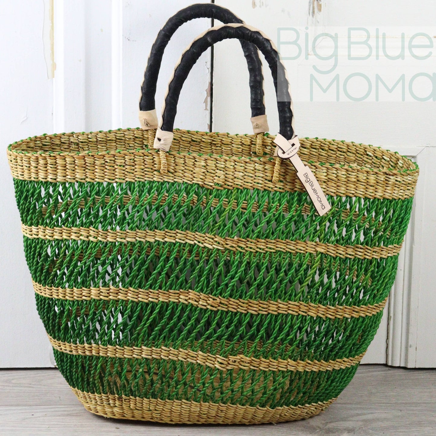 Big Blue Moma Bolga Basket - Special Net - Medium: Natural & Turquoise