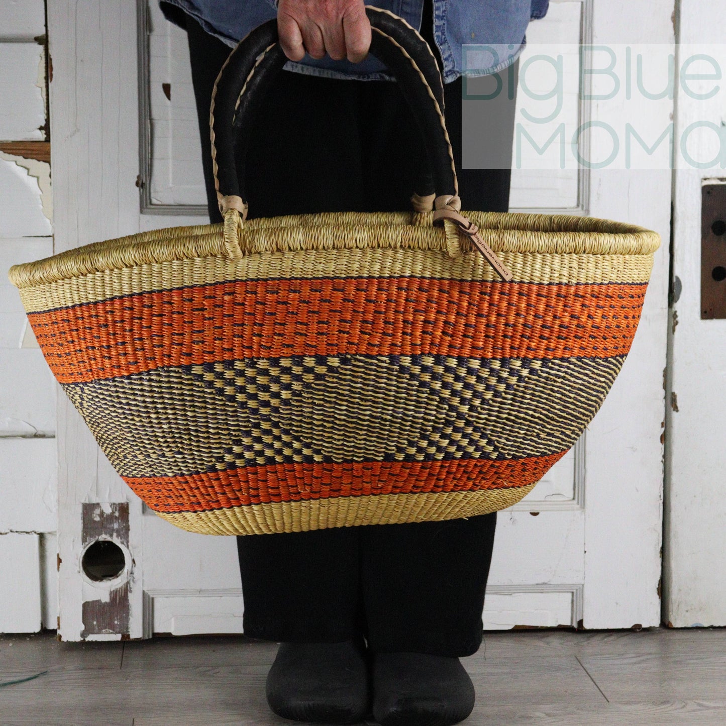 Big Blue Moma Bolga Basket - Bolga Basket - Large Special Shopper - Traditional Palette