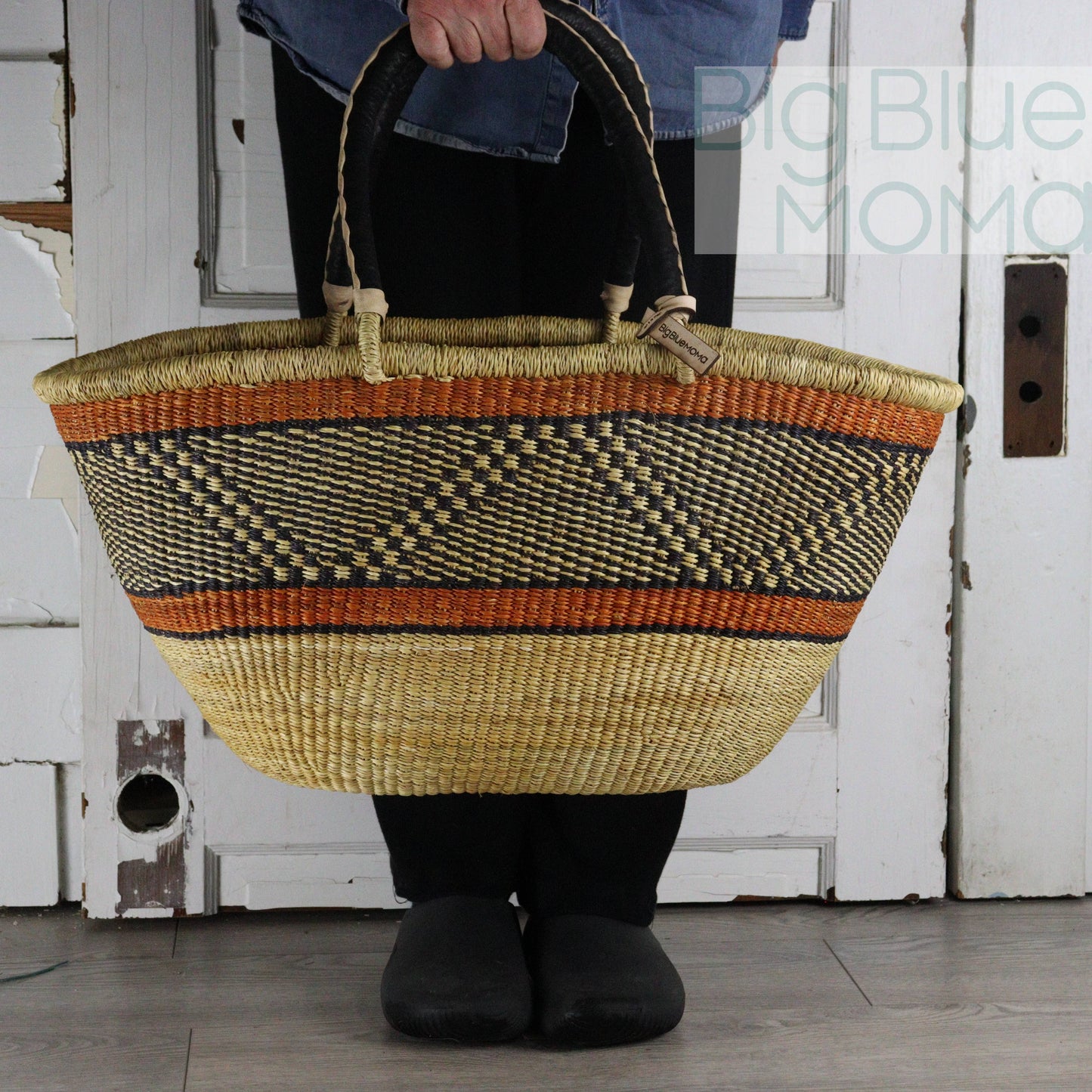 Big Blue Moma Bolga Basket - Bolga Basket - Large Special Shopper - Traditional Palette