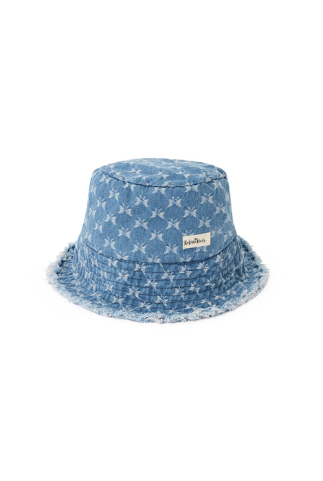 Close-up of frayed brim and stitching on bucket hat