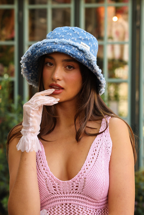 Front view of Kulani Kinis Frayed Brim Bucket Hat in Darling Denim